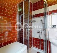 A bathroom in a 3-room apartment with a shower and a washing machine, red tiles.