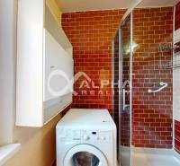 Bathroom in a 3-room apartment with a washing machine and a shower, red tiles.