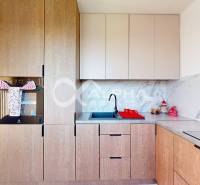 Kitchen in a 2-room apartment with a wooden decor floor and modern cabinets.
