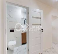 Interior of a 2-room apartment with white doors, a bathroom, and a wooden decor floor.