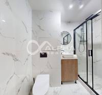 Elegant bathroom in a 2-room apartment with marble tiles and a shower corner.