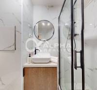 A bathroom in a 2-room apartment with a sink, mirror, and shower with marble tiles.
