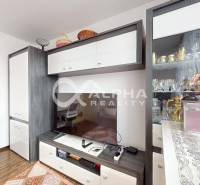 Living area of a 2-room apartment with a wood-patterned floor, a television, and a glass display cabinet.