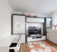 A bright living room with white furniture and wood-patterned flooring in a two-room apartment.
