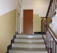 Staircase in an apartment building, brown railing, leads to the hallway of a one-bedroom apartment.