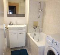Bathroom in a studio apartment with a bathtub, sink, mirror, and washing machine.