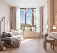 A bright children's room with wood-patterned flooring, a bed, and a desk in a 3-room apartment.