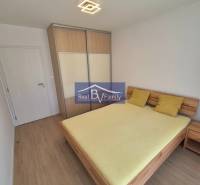 Bedroom with a double bed, built-in wardrobe, and wooden decor flooring in a 2-room apartment.