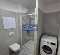 Bathroom with a shower and a washing machine in a 2-room apartment, tiles, neutral shades.