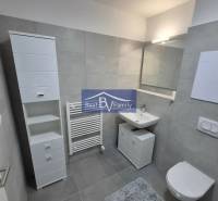 Bathroom in a 2-room apartment with white furniture and gray tiles.
