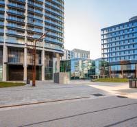 View of the buildings on Pribinova Street, Bratislava - Old Town, with modern architecture.