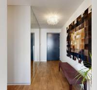 A hallway in a 3-room apartment with a wooden decor floor and stylish wall decoration.