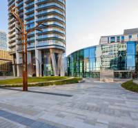 Pribinova Street in Bratislava with modern buildings and the Eurovea shopping center.