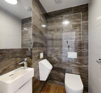 Bathroom in a 3-room apartment with a mirror, sink, and toilet, floor with wooden decor.