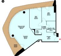 Floor plan of a 3-room apartment with a terrace and living areas.