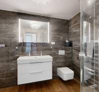 Bathroom with a large mirror and a shower corner, floor with wood decor, 3-room apartment.