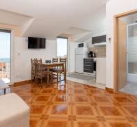 A holiday apartment with a sea view, kitchen, and dining table.