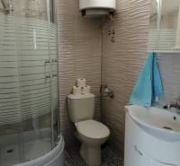 Bathroom in a holiday apartment with a toilet, shower, and patterned tiles.