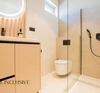 A bathroom in a family house with a shower and wooden decorative elements.