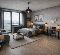 Stylish studio apartment with a sofa, bed, desk, and floor with wooden decor.