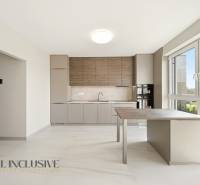 A kitchen in a 2-room apartment with a wooden decor floor and large windows.