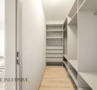 A wardrobe in a 2-room apartment with shelves and a floor with a wooden decor.