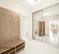 An entrance hall in a 2-room apartment with a mirrored wardrobe and a wooden wall hanger.