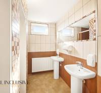 Interior of commercial premises with two sinks, a large mirror, and tiled walls.
