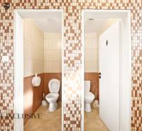 Restrooms in commercial spaces with beige and brown tiles.