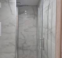 A shower corner with glass doors and marble tiles in a studio apartment.