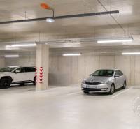 Underground parking spaces in a garage with two vehicles, concrete walls, and lighting.