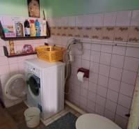 Bathroom with a washing machine and toilet in a family house, floor with wooden decor.