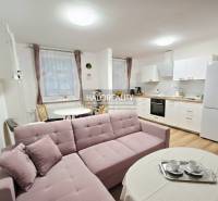 Living room in a three-room apartment with a corner sofa and kitchen, wooden decor flooring.