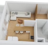 3D floor plan of a 3-room apartment with a sofa and a dining table, floor with wooden decor.