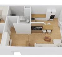 Floor plan of a 3-room apartment with wood-patterned flooring and furnishings.