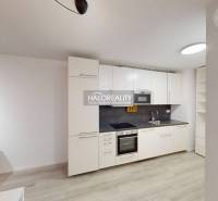 The kitchen of a 2-room apartment with white cabinets and a wood-patterned floor.