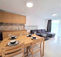 A kitchen in a 2-room apartment with wooden decorative cabinets and a set table.