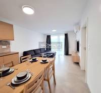 Kitchen and living room in a 2-room apartment with a dining table, sofa, and television.