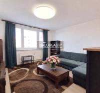 A living room with a sofa, carpet, and fresh flowers in a 3-room apartment.