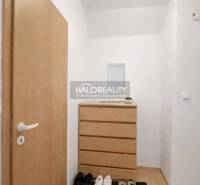 The entrance hall in the studio apartment with a shoe cabinet, doors, and a wooden decor floor.