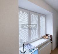 A studio apartment with white blinds and a microwave on a shelf.