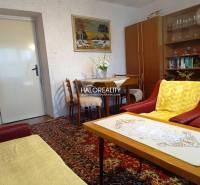 Living room with carpets and wooden decor in a 2-room apartment.
