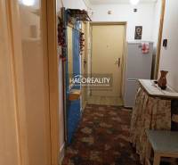 Hallway in a 2-room apartment with a built-in wardrobe, refrigerator, and carpeted floor.