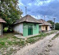 Traditional village houses and a road in the gardens of Mýtne Ludany, surrounded by trees.