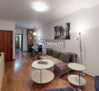 Living room in a 3-room apartment with a wooden decor floor and a brick wall.