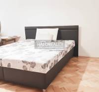 Bedroom in a 3-room apartment with a bed and a desk, floor with wood decor.