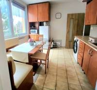 A kitchen in a one-room apartment with a dining table, a dishwasher, and wooden decor furniture.