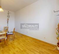 Dining table with wooden chairs in the living room of a three-room apartment with a wooden decor floor.