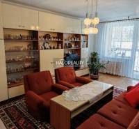 Living room in a three-room apartment with a wooden decor floor and retro furniture.