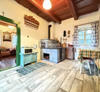 The interior of a cabin with a stove, tiles, and a floor with a wood decor.